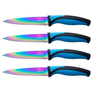 4-Piece Modern Kitchen Steak Knives Set - Rainbow Titanium Coated Stainless Steel Cutting Blades, Blue Handles