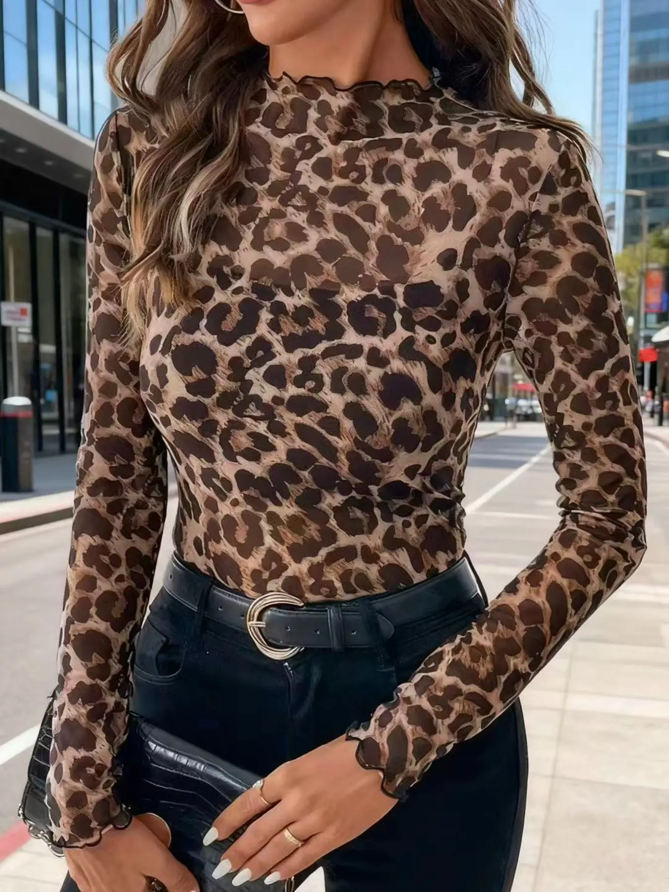 Women's Slim-Fitting Leopard Print Mesh Top, Animal Print Shirt, Long Sleeve Stand Collar Half-Transparent Sheer Design, Stylish Aesthetic Casual Wear for Daily Womenswear