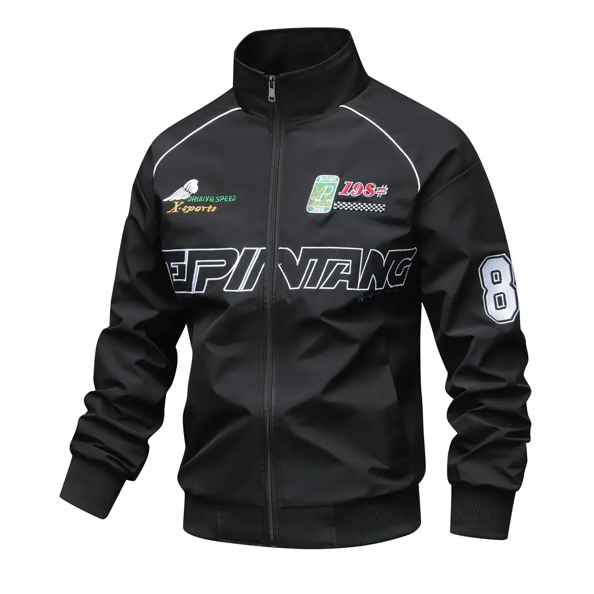 Men's Retro Racing Windbreaker Jacket, Lightweight Embroidered Streetwear with Checkered Print and Stand Collar, Windproof, Biker, Zip