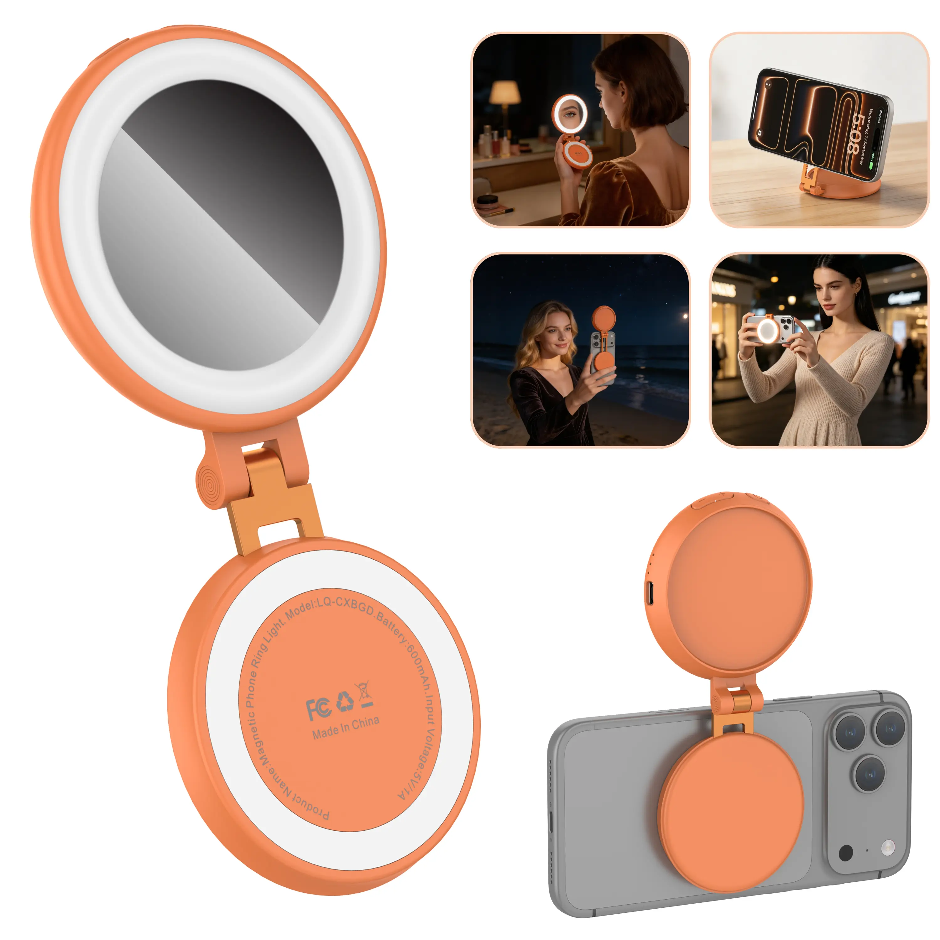 Magnetic Selfie Light with Makeup Mirror, LED Phone Ring Fill Light for Magnetic iPhone, 3000K-6000K Portable Magnetic Fill Light, 180° Flip 600mAh Rechargeable Ring Light for TikTok Selfies Makeup Vlog