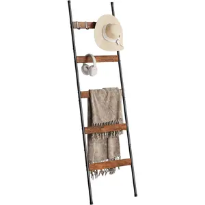 Blanket Ladder for Living Room, Farmhouse 5-Tier Holder with 4 Removable for, Wood Rack Display, Wall Leaning Decorative Stand for Home, Rustic Brown