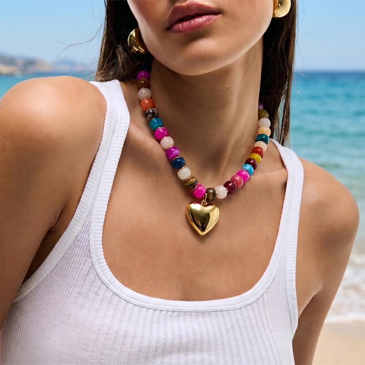 Chunky Heart Necklace for Women, Beaded Necklaces for Women, Beach Necklace,Colorful Boho Bead Choker With Bubble Puffy Heart Pendant, Rainbow Necklaces Summer Surfer Beach Handmade Jewelry Gift