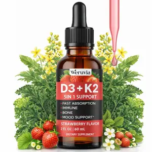 Vitamin D3 and K2 Liquid Drops, a 5-in-1 formula, for rapid absorption, enhanced immunity, and bone health support, strawberry flavor, 2 fl oz (60 ml)