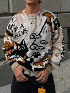 Autumn Winter Unisex Casual Knit Pullover Sweater, Round Neck Long Sleeve Cartoon Pattern Top, Loose Fit School Back-To-School Wear