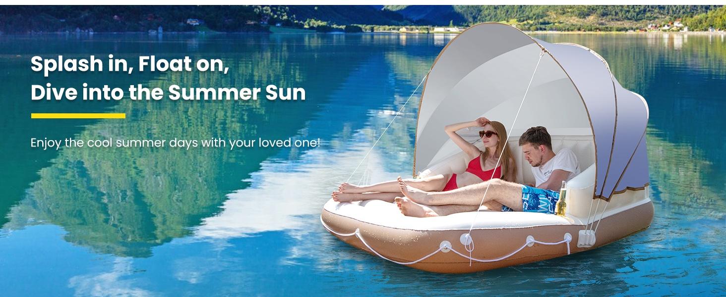 Inflatable Pool Float with Canopy & Cup Holders, Heavy Duty Floating Lounge Raft for Adults Kids, Durable Water Float for Pool Beach Lake River Summer Water Party