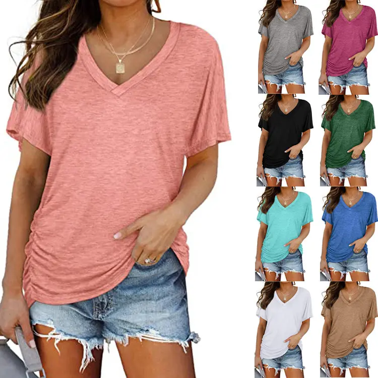 Womens Summer T-Shirts Short Sleeve V Neck Dolman Tops with Side Shirring Loose Fit Shirts Spring Fashion
