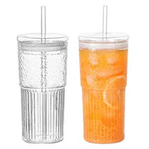 2 Pack Glass Cups With Lids and Glass Straws，22 OZ High Borosilicate Glass Tumbler Iced Coffee Water Smoothie