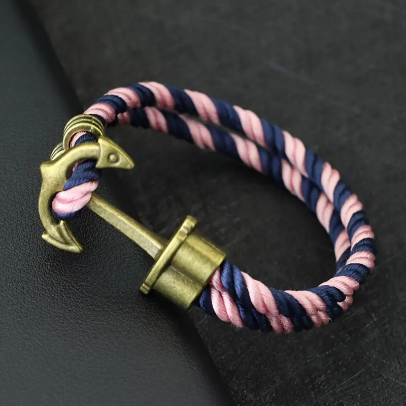 Men's Nautical Nylon Cuff Bracelet - Adjustable Gold-Tone Anchor Hook Boho Braided Accessory, Textured Thick Rope Bangles, Arm Candy for Daily Wear, Blue & White, Pink, Navy Blue Styles, Textured Rope Bracelets & Bangles