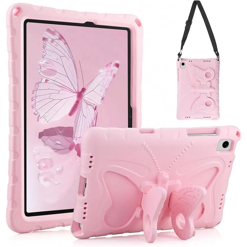 Protective Portable Handheld Tablet Case for Samsung Galaxy Tab A9 Plus 11 in 2023, Girls' Soft EVA Shockproof Accessory with Butterfly Wings Stand, Adjustable Shoulder Strap - Pink, With Strap