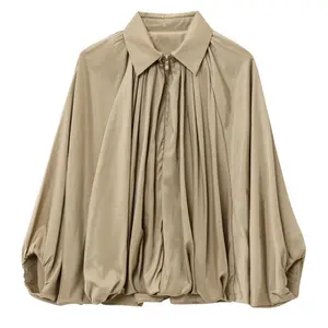 Womens Puffed Bomber Jacket Casual Batwing Sleeve Lapel Collar Zip Shirts Oversized Pleated Streetwear Jackets