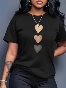 Women's Summer Casual Print Round Neck Short Sleeve Top, Multicolor Heart Pattern Fitted Sporty Streetwear Black T-Shirt Leopard for All Seasons Womenswear Casual Everyday Tops