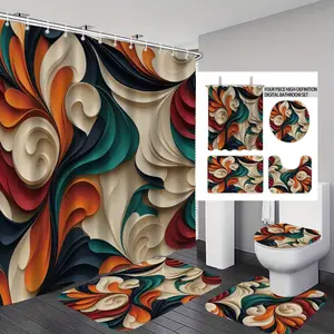 Abstract Pattern Bathroom Set, Shower Curtain with 12 Hooks, Non-Slip Bath Rug, U-Shaped Toilet Mat, Toilet Lid Cover, Bathroom Decoration Accessories, Shower Curtain Sets