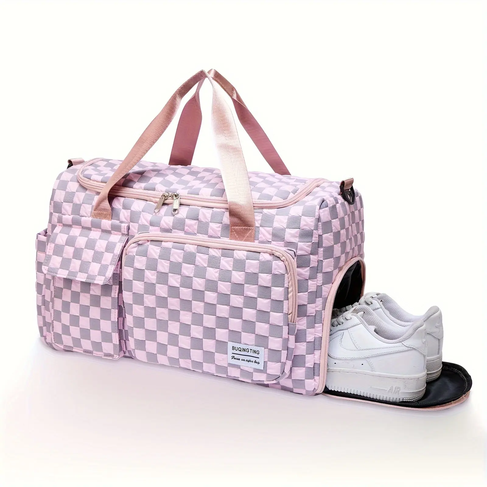 Hot Checkered Printed Travel Duffel Bag, Sports Tote Gym Bag, Shoulder Weekender Overnight Bag For Women