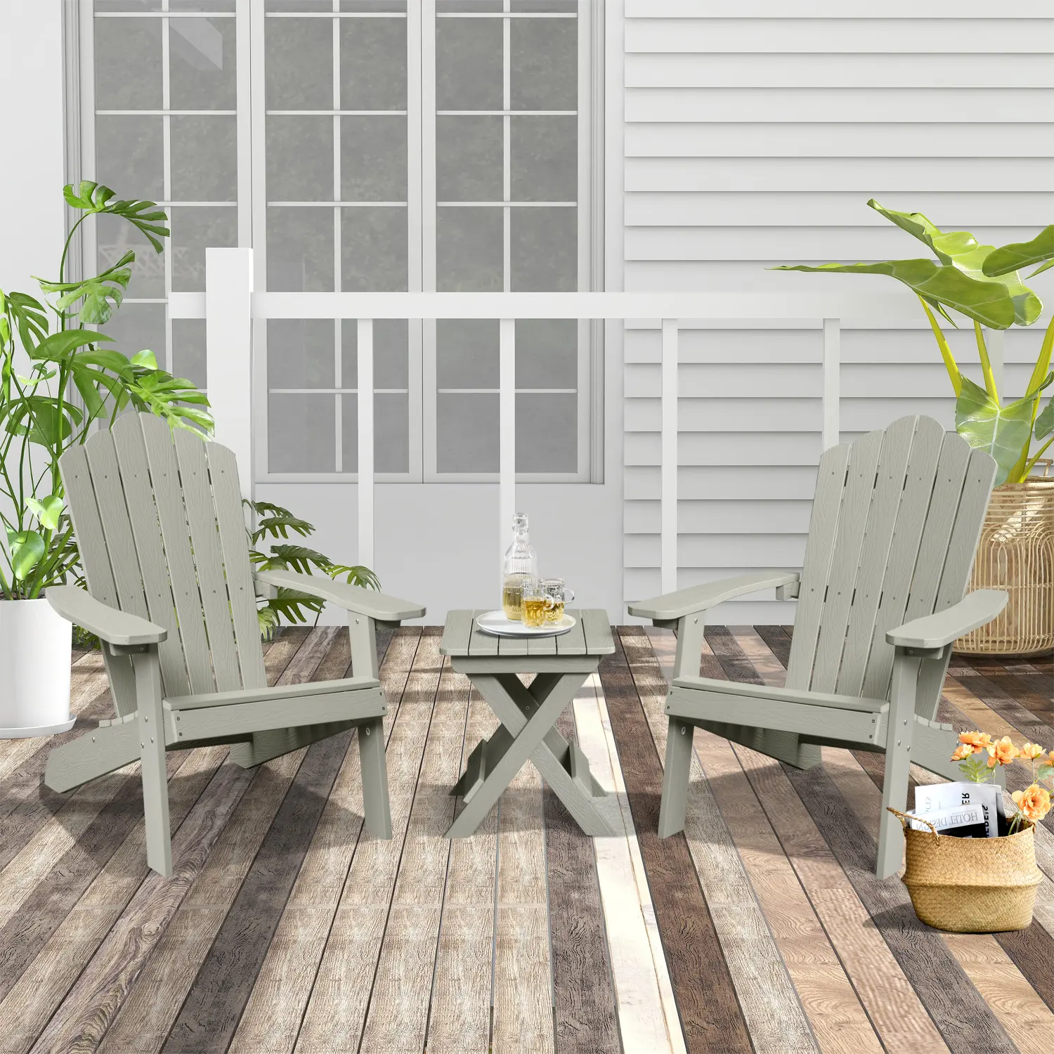 ALLWEX Outdoor Furniture Set, HDPE Plastic Adirondack Chair with Wide Arms & Foldable Table, Durable Wood Grain Patio Furniture, Weather Resistant for Garden, Deck