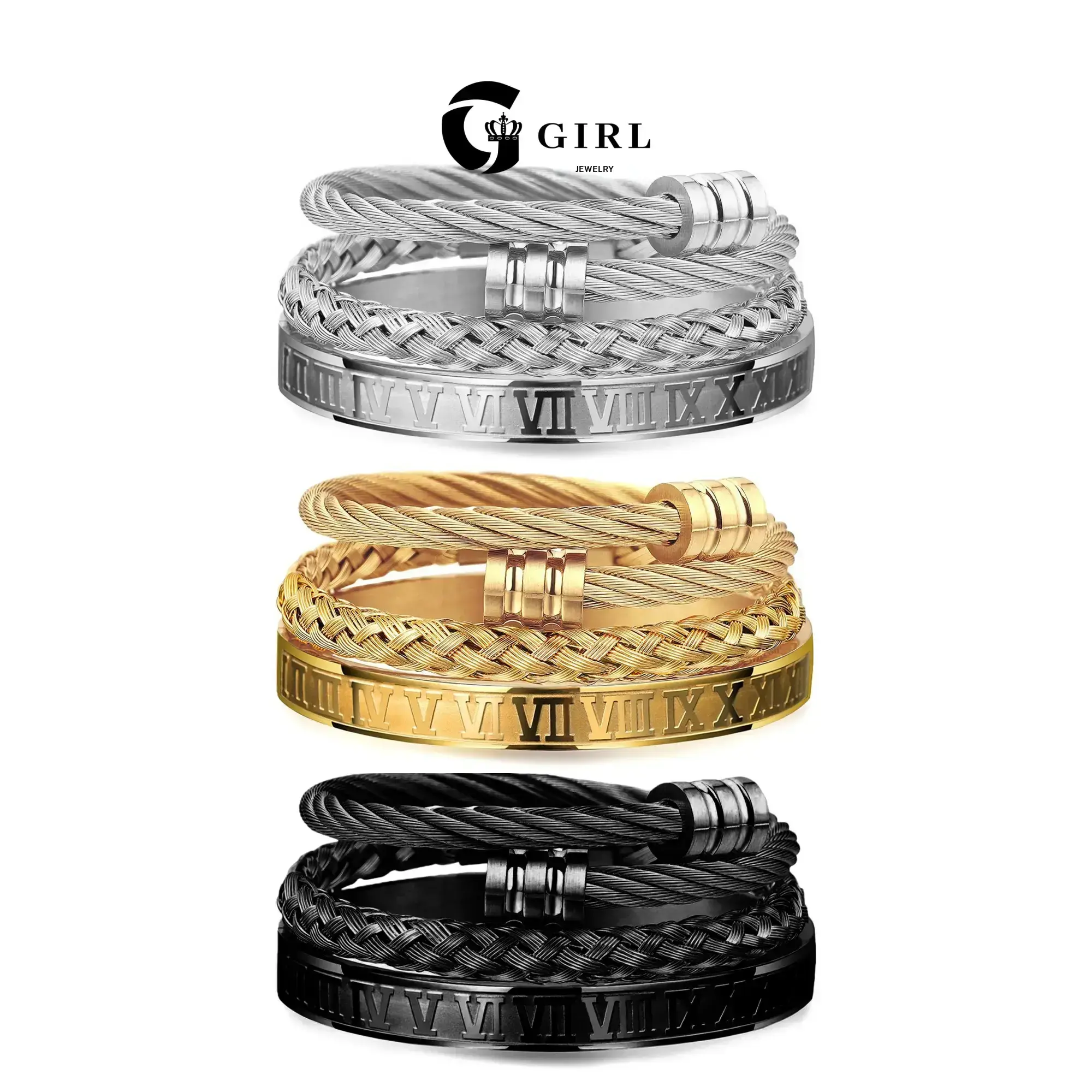 GGIRL 18K Gold Plated 3PCS Stainless Steel Bracelets for Men Gold Roman Numeral Bangle Bracelet Twisted Cable Bracelet Adjustable Cuff Bracelets Fashion Jewelry Gift for Holiday Haul Christmas Birthdays Anniversaries