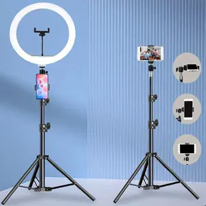 10 Inch Vlogging LED Ring Light Ringlight Circle Light With 43in/110Cm Flexible Tripod Stand Phone Holder For Photo Selfie Video Recording Zoom Meeting Makeup Vlog Live Stream Video Calls Vlogging cellphone selfie dual phone holder light  phone