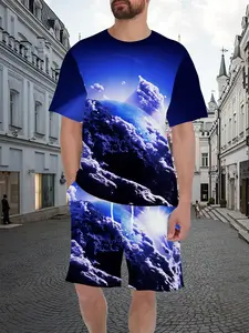 New Trendy Men's Cartoon Starry Sky Sportswear Two-Piece Set, Short Sleeve Shorts 2 Piece Set, Casual Fitted Style