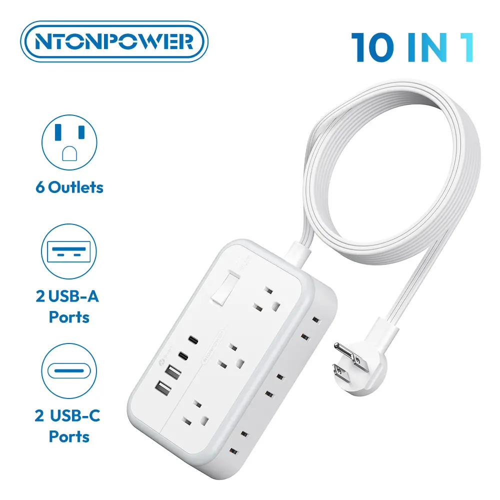 Flat Extension Cord 5/10/15/25 ft, NTONPOWER Surge Protector Power Strip with 6 Widely Outlets 4 USB Ports(2 USB C), Flat Plug, Wall Mounted, Side Outlet Extender for Indoor, Home Office, Dorm Room Essentials