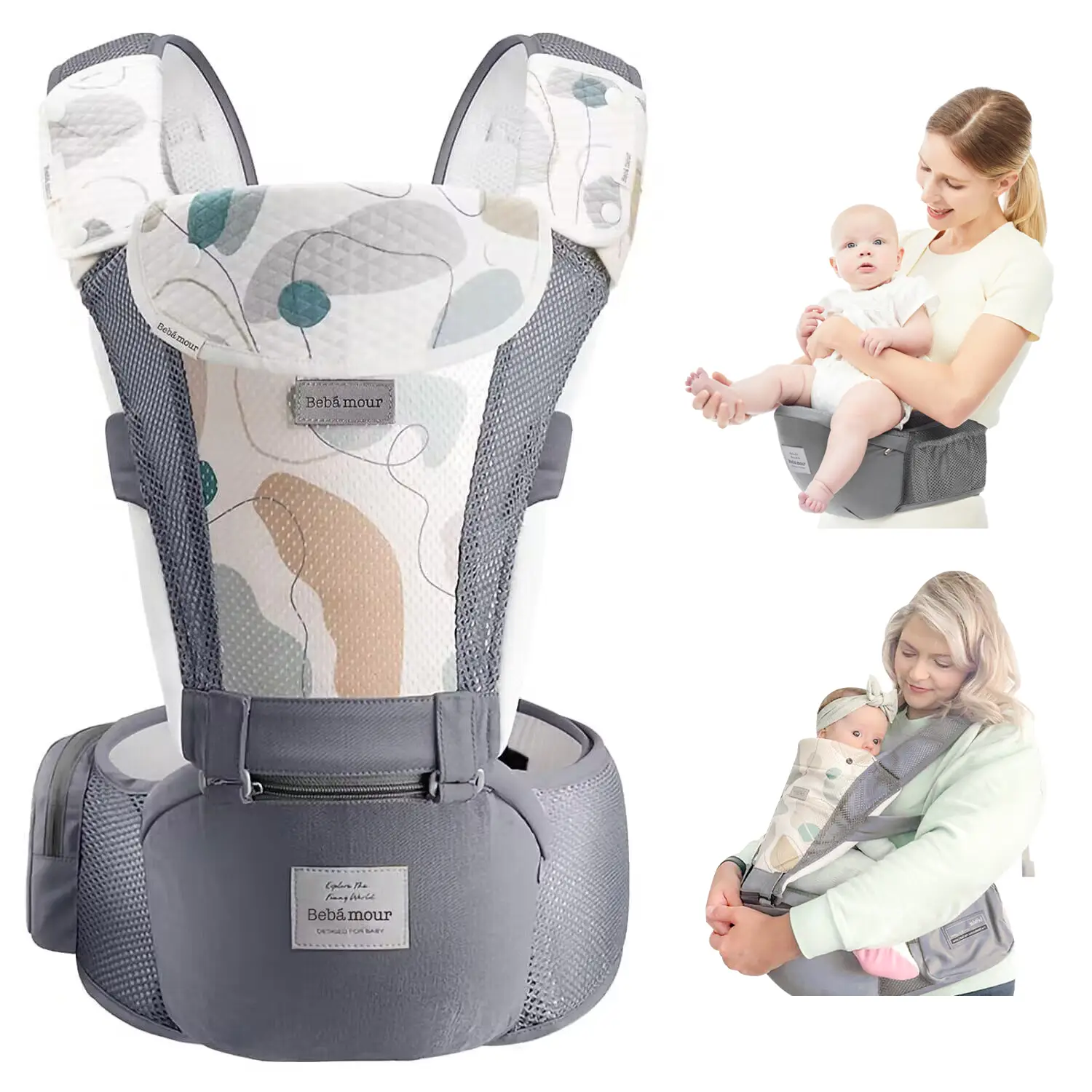 Bebamour Baby Carrier Newborn to Toddler-2 in 1 Hip Seat & Carrier Front and Back Carry with Head Hood & 3 Pieces Teething Pads& Waist Extenders & Sto