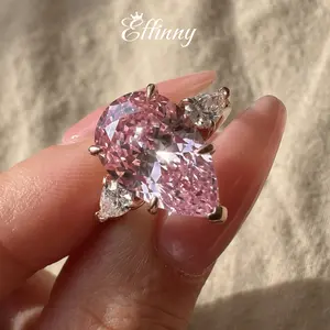Effinny Tear Drop 14K Gold Plated 8.0ct Pink Three Stone Pear Cut 925 Sterling Silver Engagement Ring, Last Present Future Fashion Promise Travel-friendly Jewelry for Women, Birthday, Adults