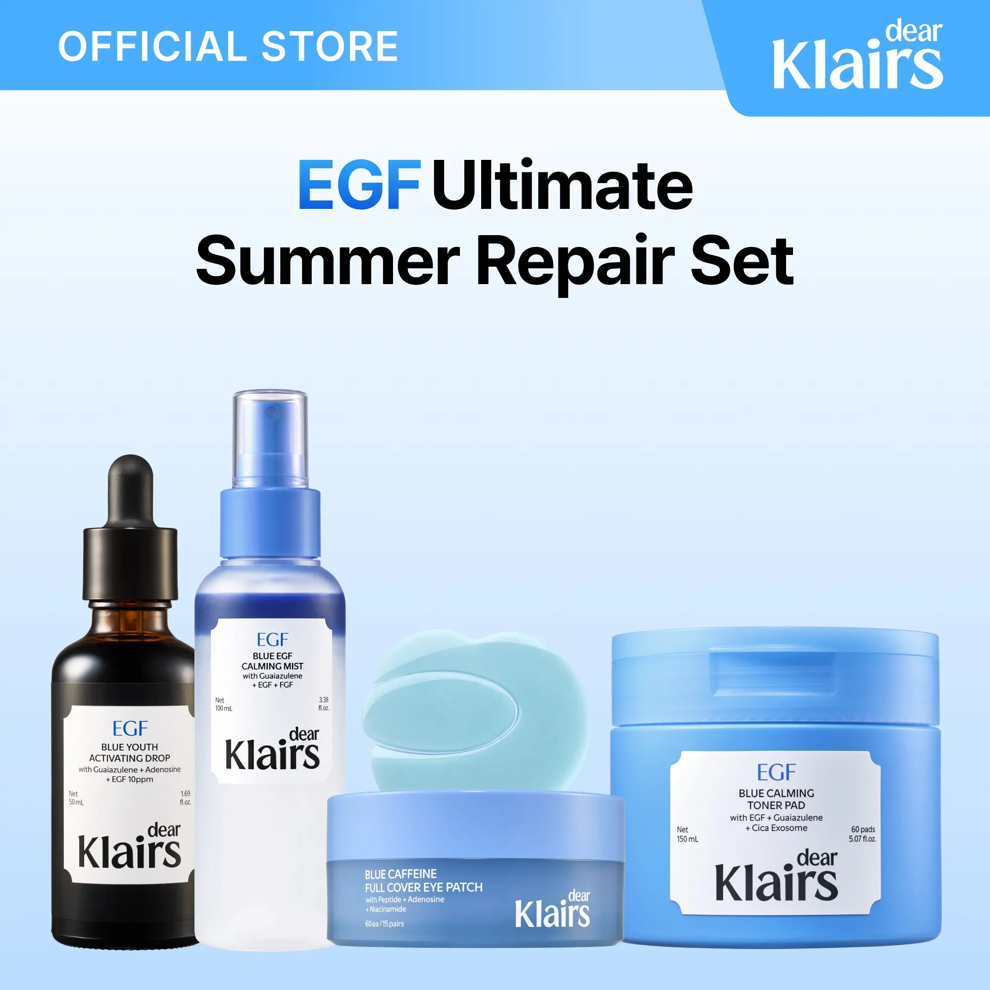 [Dear Klairs Official] EGF Ultimate Summer Repair Set | Blue Youth Activating Drop + EGF Blue Calming Toner Pad + Blue EGF Cooling Mist + Blue Caffeine Full Cover Eye Patch | EGF care for post-blemish marks, Korean Skincare