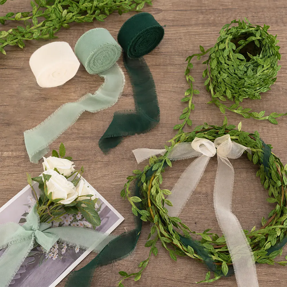 1Set Handmade Fringe Chiffon Ribbon with Leaf Trim - Ivory/Sage/Forest Green Suitable for Wedding Invitations, Bridal Bouquets, DIY Crafts, Artificial Vines Leaf Ribbon for Gift Wrapping, Home Decor, Fringe Trim Ribbon