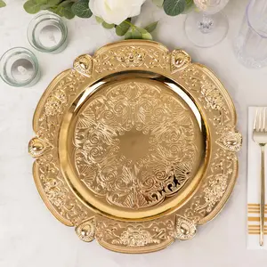 6-Pack Acrylic Round Charger Plates 13" in Gold Floral Embossed with Scalloped Rim, Plastic Decorative Charger Tableware
