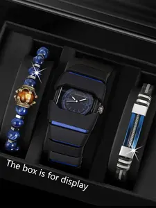 Unique Bucket Watch Set, Blue Pearl Crown Bracelet & Fashion Band Combo, Bold Design, Trendy Look, All-Season Wearable Accessory