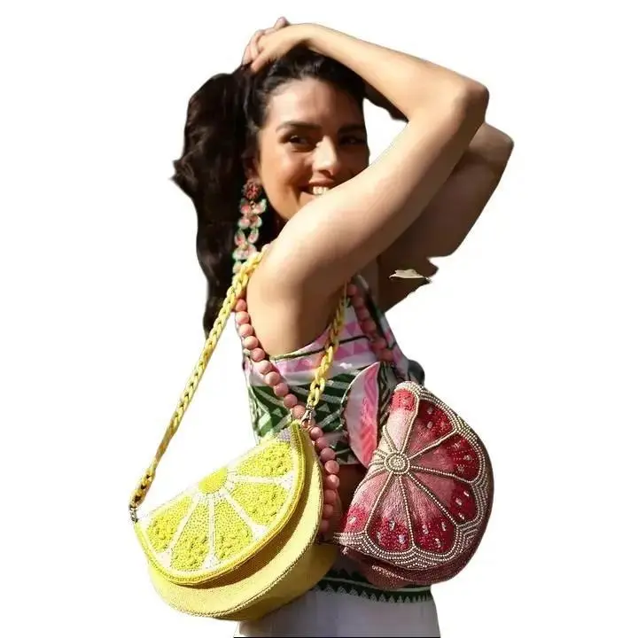 Women's Handmade Hand Beaded Shoulder Bag with Pink Lemon, Watermelon Embellishments and Magnetic Closure