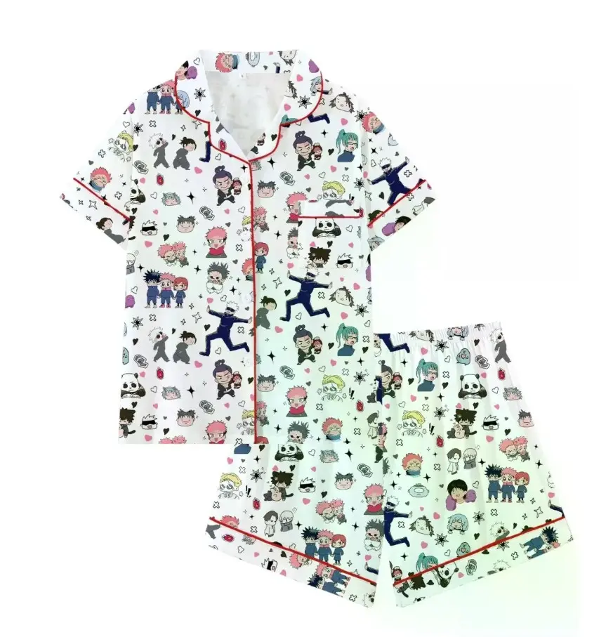 Women’s Cute Anime Character Print Pajama Sets, Short Sleeve Button Down Top with Shorts or Long Pants, Kawaii Lounge Sleepwear