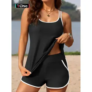 Women’s High-Waisted Tankini Set, Colorblock Design, Sleeveless Two-Piece Swimsuit, Summer Beachwear, Slimming Effect, Sexy Style GARMENTARY