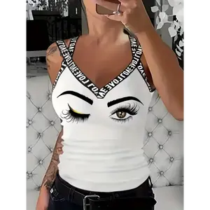 Letter Tape Skull Print Top, Sleeveless Casual Tank Top, Women's Clothing Black Collar Fabric Womenswear