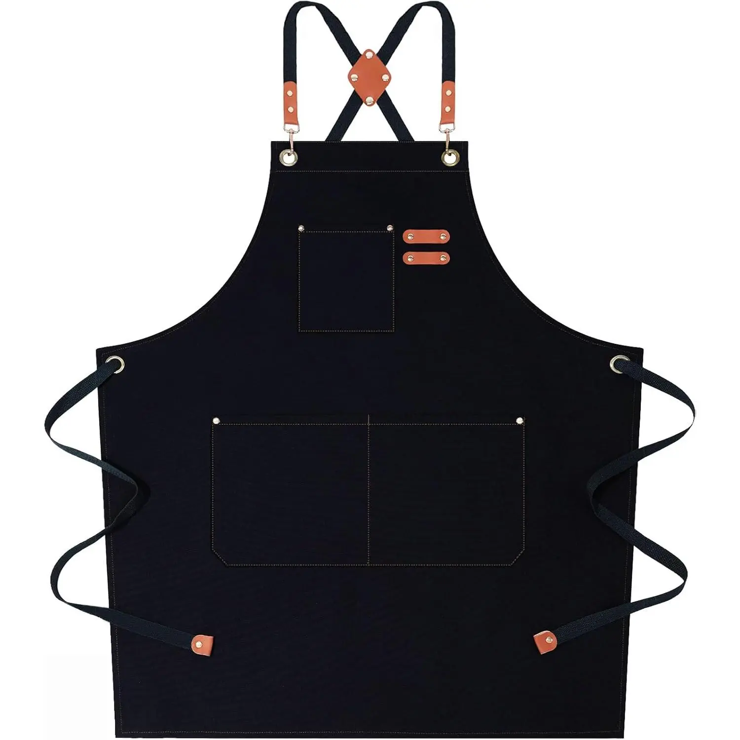Chef Aprons for Women Men with Large Pockets, Cotton Canvas Cross  Water Repellent Work Apron, Size M to XXL (Black)