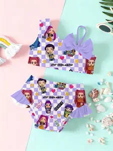 Girls' two-piece swimsuit "Purple Plaid Trendy Play Q Version" features a full print of cartoon characters + a large bow decoration, Swimsuit Style, and has a photo-taking rate when playing in the summer swimming pool Swimsuit Sets