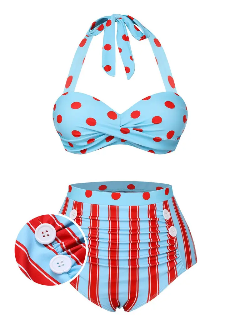 RETROSTAGE Women's Retro Halter Bikini Set, High Waisted 2-Piece in Polka Dot and Stripe with Ruffled Scalloped Trim, Striped Halter Bikini, Halter Bikini Sets