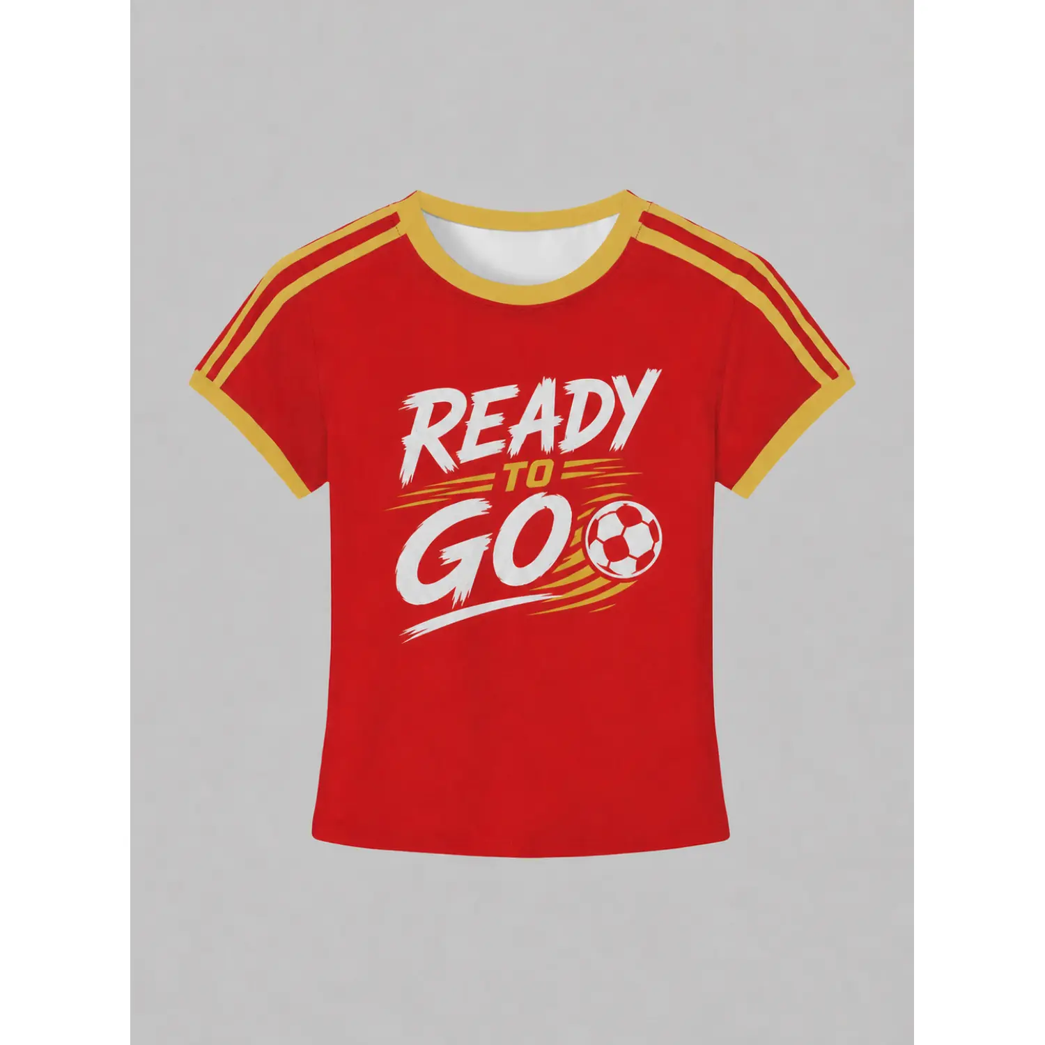 Red Women's Soccer Graphic Jersey with Yellow Trim and Sporty "Ready to Go" Print