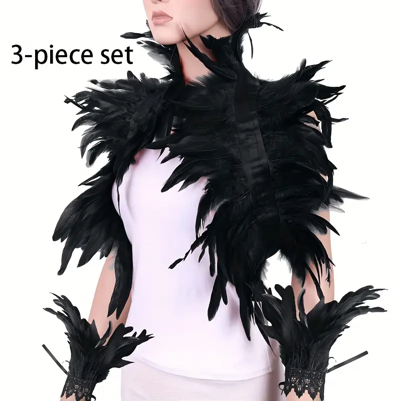 Women's 3-Piece Gothic Tie-Dye Feather Cape, Polyester Shawl Set for Halloween Carnival Costume Clothes & Festive Accessories, Boho, Red, Women's Clothes, Bohemian, Lady, Fabric, Feathers, Boho Vibe, Gothic Look, Festive Wear, Multicolor, Woven