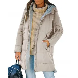 Womens Warm Puffer Down Jacket Hooded Winter Casual Lightweight Mid Quilted Coat with Pockets Womenswear Fashion Beige Fitted Outerwear Outdoor Skinny