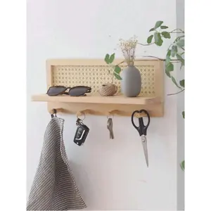 [Christmas Room Decor]1 Set Wall Mounted Storage Rack With Woven Floral Pattern, Wooden Key Hanger, Rectangular Decorative Organizer Shelf, Requires Drilling For Installation