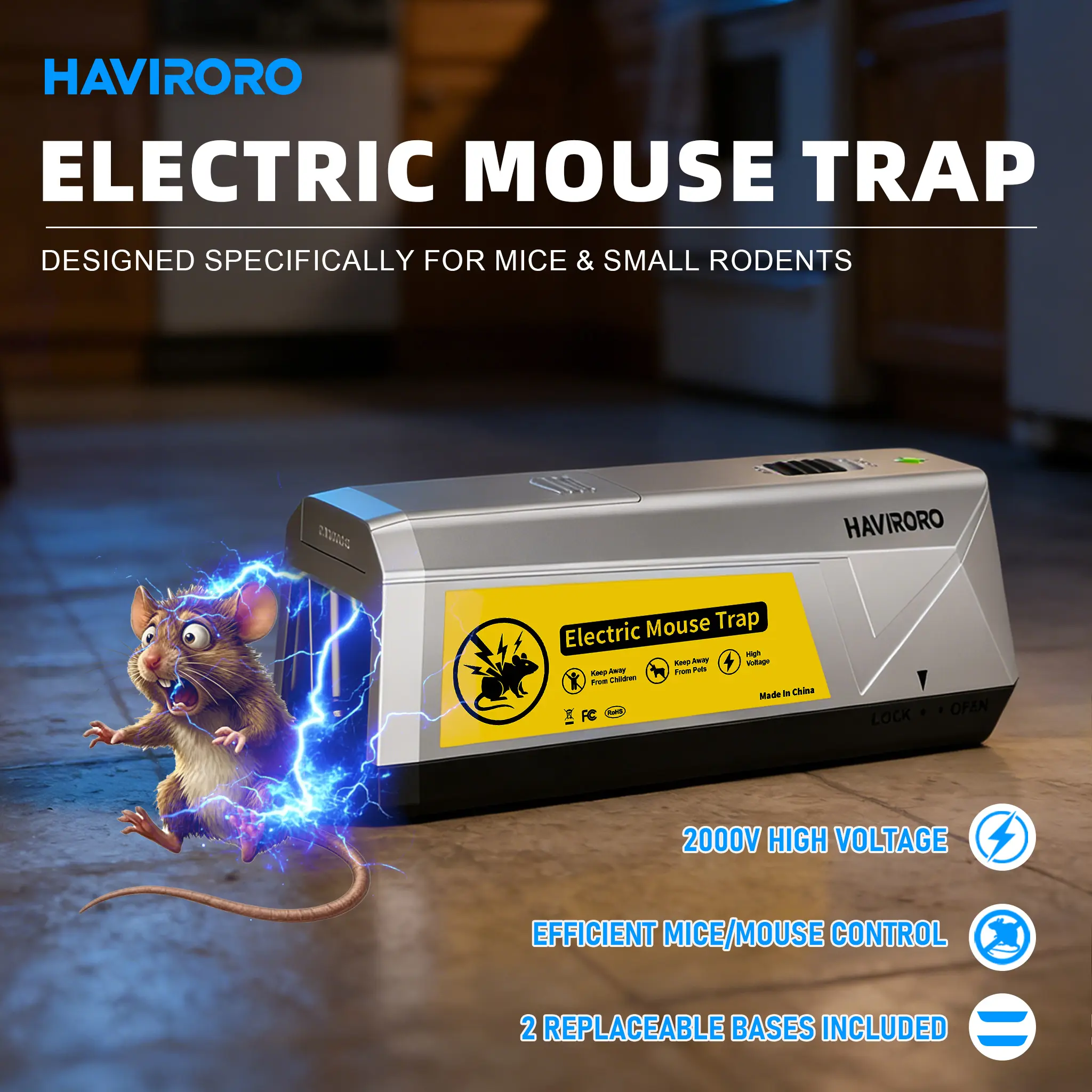 HAVIRORO Electric Rat Traps Indoor for Home, Electronic Rat Trap Zapper, Safe and Effective Rodent Control, No-Touch Disposal, Adapter Powered Rodent Trap for Indoor Use