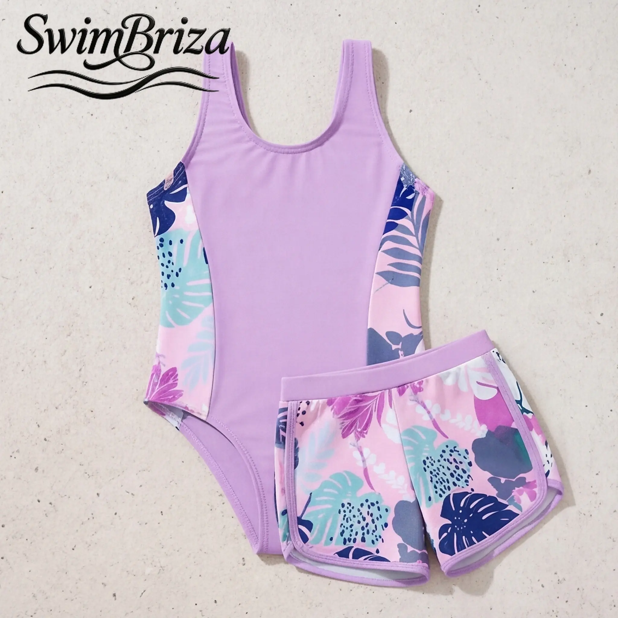 Briza｜Girls Tank Strap One Piece Swimsuit with Matching Swim Shorts, Lavender Tropical Floral Stretchy Quick-Dry Bathing Suit Set for Summer Beach Vacation, Pool Swimwear, Kids Resort Swimwear, Girls Swimwear, Kids Bathing Suit, Vacation Swimwear