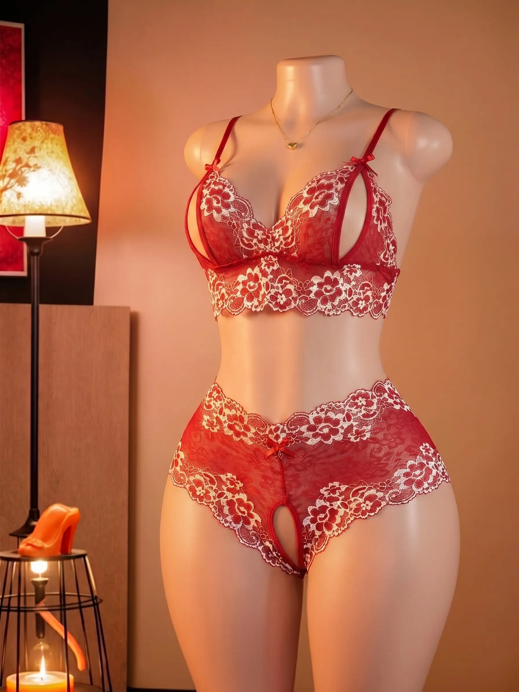 Sexy 2‑Piece Lingerie Set for Women, Contrast Color Lace Bow Hollow Out Semi‑Sheer Knit Lingerie Outfit, Soft Nylon Spandex Intimate Sleepwear for Adults