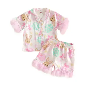 Easter Kids Girls Pajamas Set, Eggs Rabbit Print Short Sleeve Turn-down Collar Tops with Shorts Sleepwear