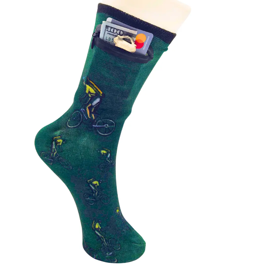 Flippysox Zipper Sock Wallet - Cotton & Polyester Zipper Socks with Pockets - Fits shoe size 6-13 (Mountain Bike)