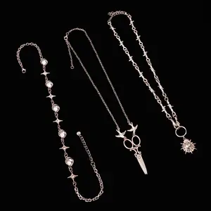 Y2K punk necklace set star heart chain sun pendant scissor charm silver tone layered necklaces gothic alt style for everyday outfits