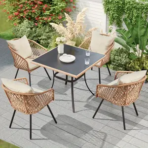 35'' Outdoor Dining Table for 4 People, Square Wicker Patio Side Table with Tempered Glass Tabletop & Durable Iron Frame, All-Weather for Patio, Balcony, Poolside, Black