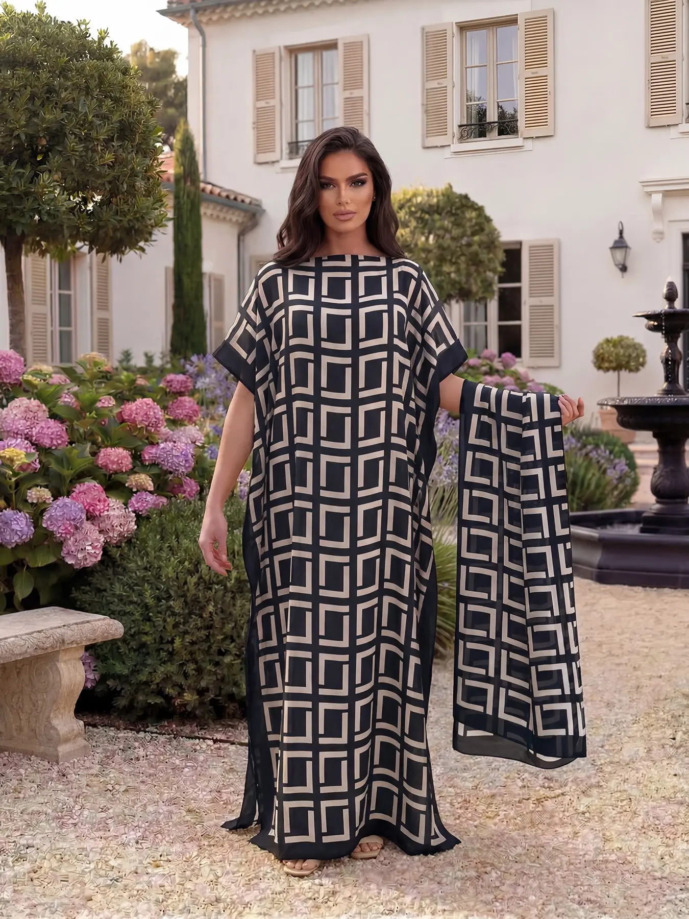 Women's Casual Geometric Print Robe Set, Long Sleeve Cape Dress + Headscarf, Sun Protection Silk Scarf, Beachwear Beach Cover Up Beach Coverups for All Seasons