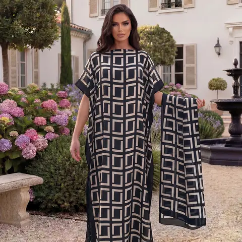 Women's Casual Geometric Print Robe Set, Long Sleeve Cape Dress + Headscarf, Sun Protection Silk Scarf, Beachwear Beach Cover Up Beach Coverups for All Seasons
