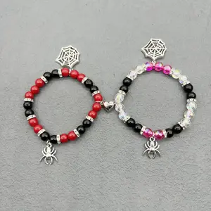 2pcs Halloween Spider Bracelet for Couples Friendship Spider Pink Charm Gift Lovers Jewelry, 0.8X9X14.5cm