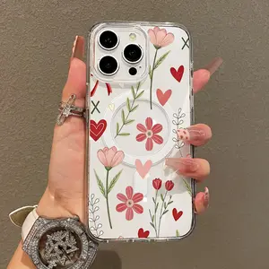 Soft Girl Magnetic Case for iPhone11/12/13/14/15/16/17/promax, Valentine Floral Heart Pattern Lightweight, Drop-Proof, MagSafe Compatible |   Perfect for Teen Girls